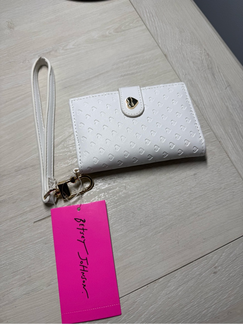 Betsey Johnson White Embossed Heart Wristlet Wallet with Gold Hardware